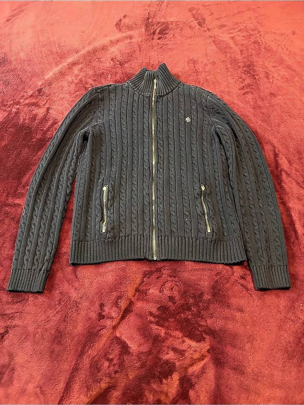 Lauren Cable Knit Zip Sweater Large